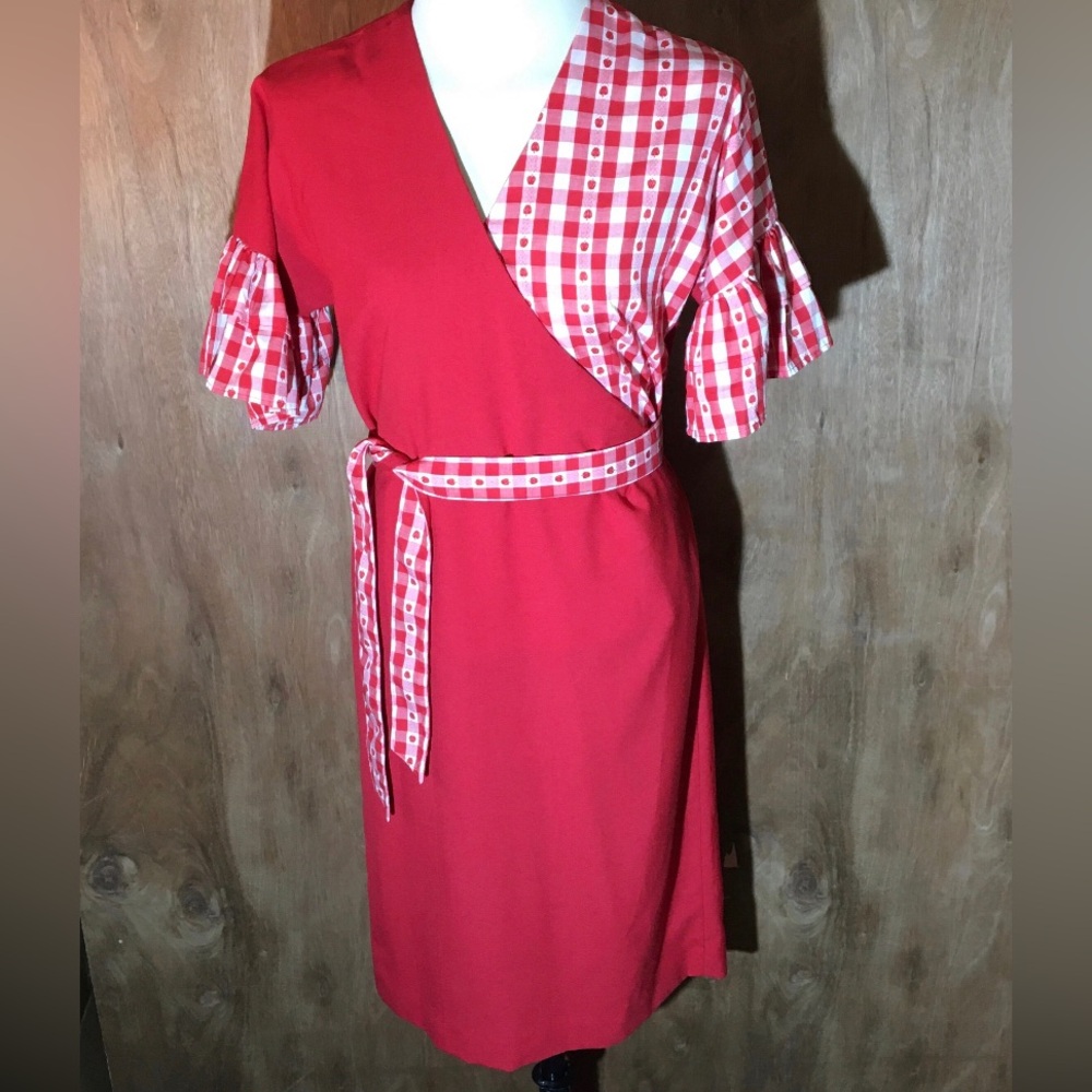 Vintage 70s apple faux wrap midi dress
